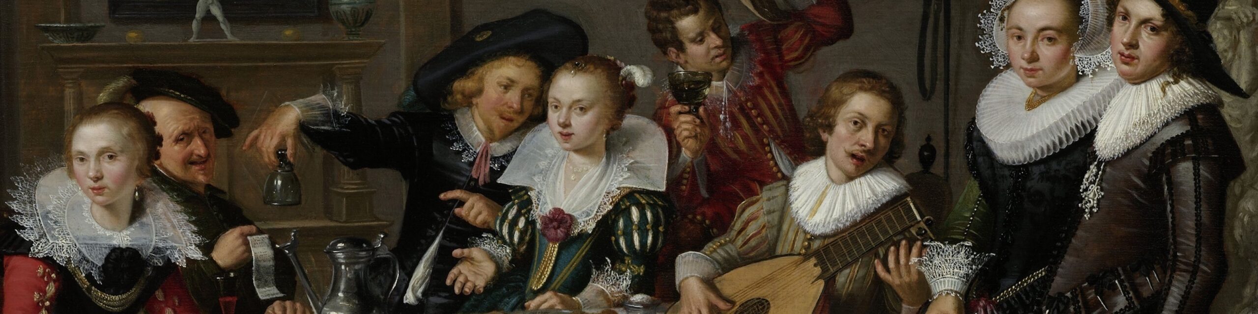 Merry Company, by Isack Elyas, 1629, Dutch painting, oil on panel. Interior with partying, drinking and music making company around a set table allude to the Five Senses.