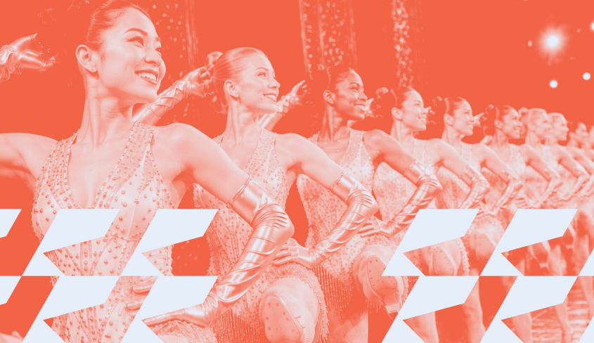 Promo banner for 42nd Street, from Gateway Theatre, featuring a red and white photo of tap dancers standing in a row. A white graphic geometric design is applied.