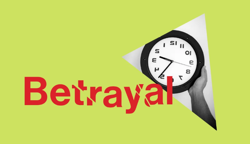 Promotional image for Betrayal, presented by Belfry Theatre. Red text reading “Betrayal” appears against a neon green background beside a collage-style photo of a hand holding a clock with numbers that appear backwards and upside down.