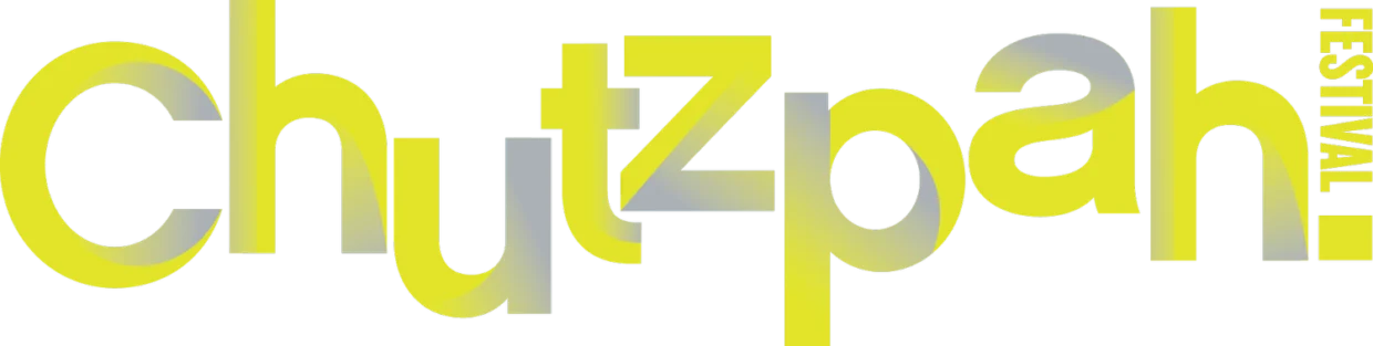 Chutzpah! Festival logo, featuring the festival name in lowercase yellow and silver lettering, with “Festival” set vertically and the year forming the dot of the exclamation mark.