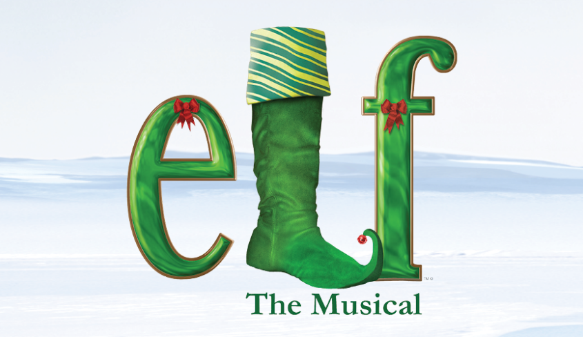 Promotional image for Elf: The Musical, presented by Arts Club Theatre Company. The word “elf” appears in green lettering with a red ribbon, and the letter “l” is shaped like a green Christmas stocking.