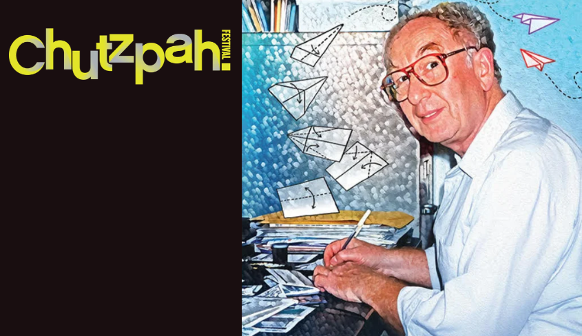 Chutzpah! Festival logo next to promo image for Things My Dad Kept, featuring a stylized image of the playwright's father sitting at a desk, writing.
